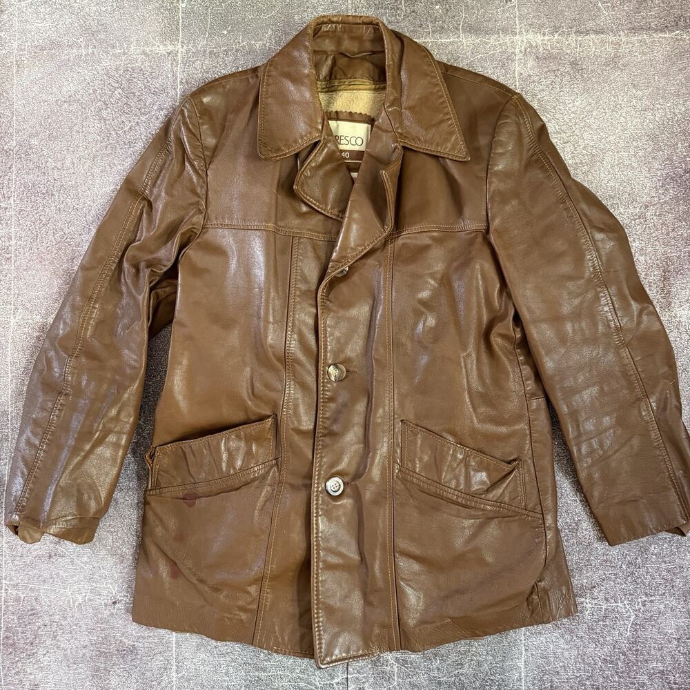 Men's Vintage 70s Cresco Cognac Brown Lined Leather Motorcycle Cafe Jacket Sz 40